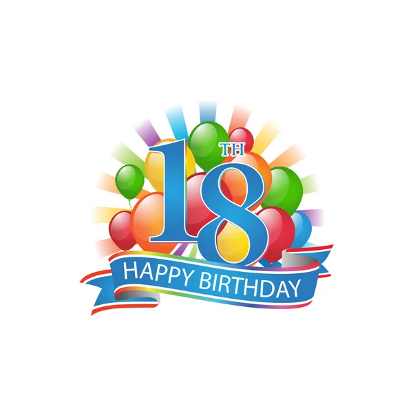 18. bunte Happy Birthday Logo mit Luftballons und Lichtstoß — Stockvektor