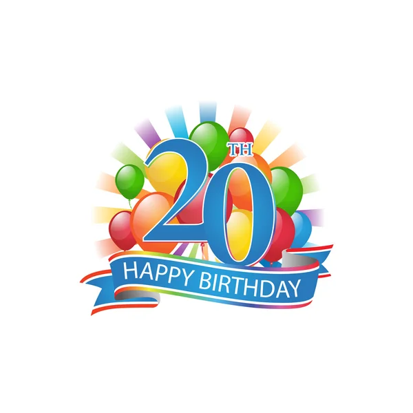 20º colorido logotipo feliz cumpleaños con globos y explosión de luz — Vector de stock