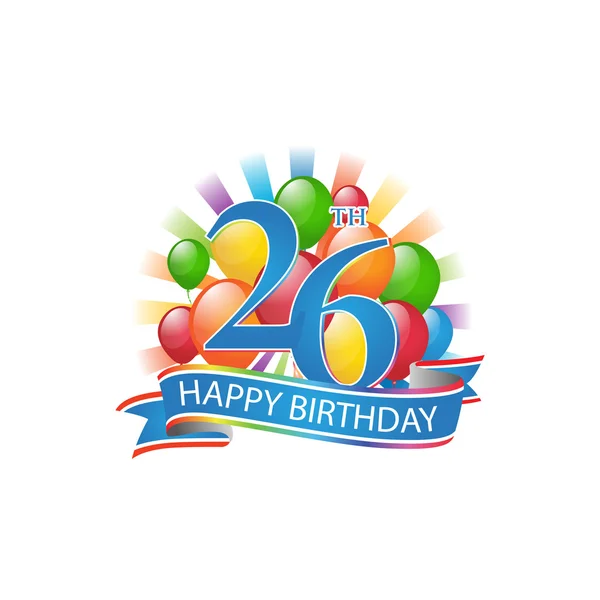 26º colorido logotipo feliz cumpleaños con globos y explosión de luz — Vector de stock
