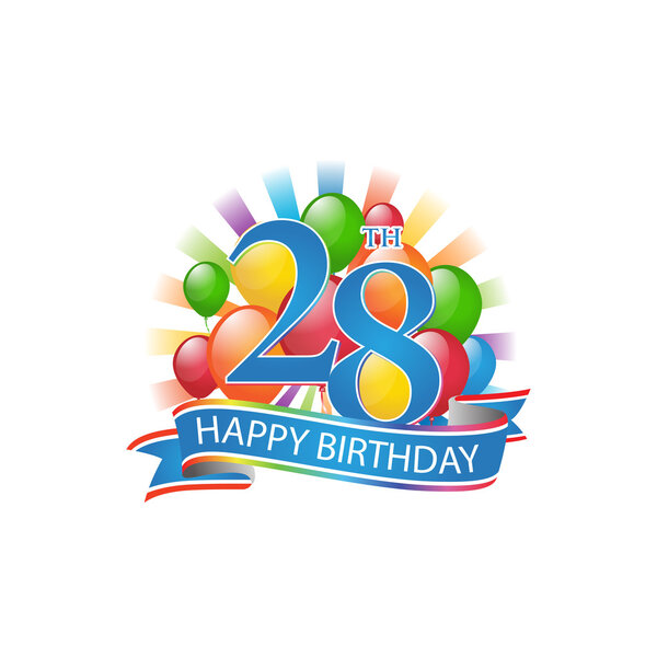 28th colorful happy birthday logo with balloons and burst of light