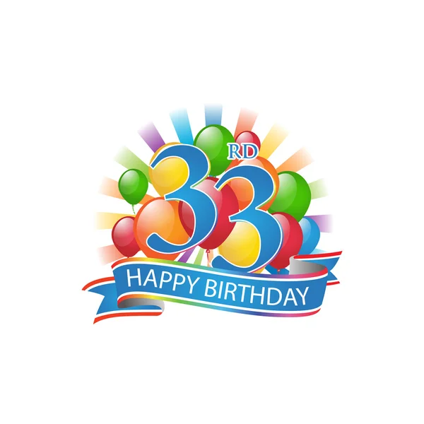 33rd colorido logotipo feliz cumpleaños con globos y explosión de luz — Vector de stock