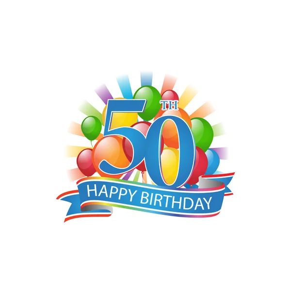 50esimo colorato logo di compleanno felice con palloncini e scoppio di luce — Vettoriale Stock