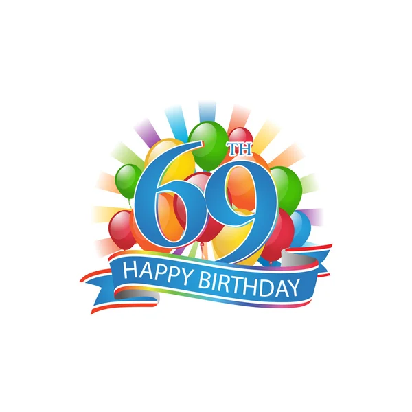 69-й красочный логотип дня рождения с воздушными шарами и вспышкой света — стоковый вектор