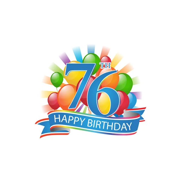 76º colorido logotipo feliz cumpleaños con globos y explosión de luz — Vector de stock