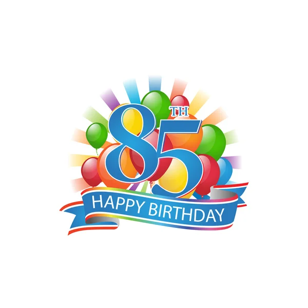 85º colorido logotipo feliz cumpleaños con globos y explosión de luz — Vector de stock