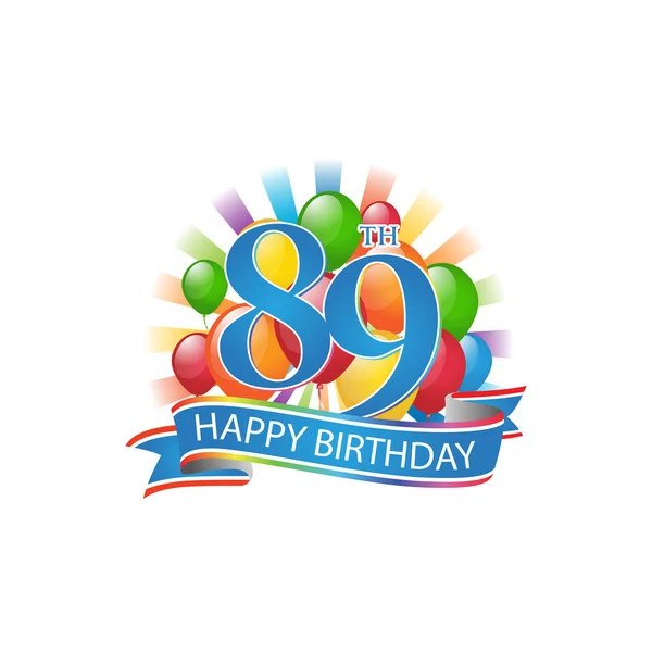 89esimo colorato logo di buon compleanno con palloncini e scoppio di luce — Vettoriale Stock