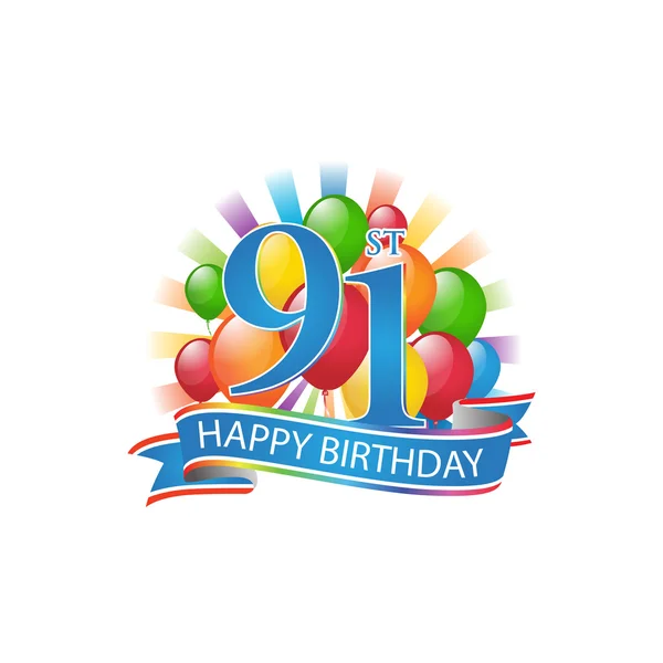 91º colorido logotipo feliz cumpleaños con globos y explosión de luz — Vector de stock