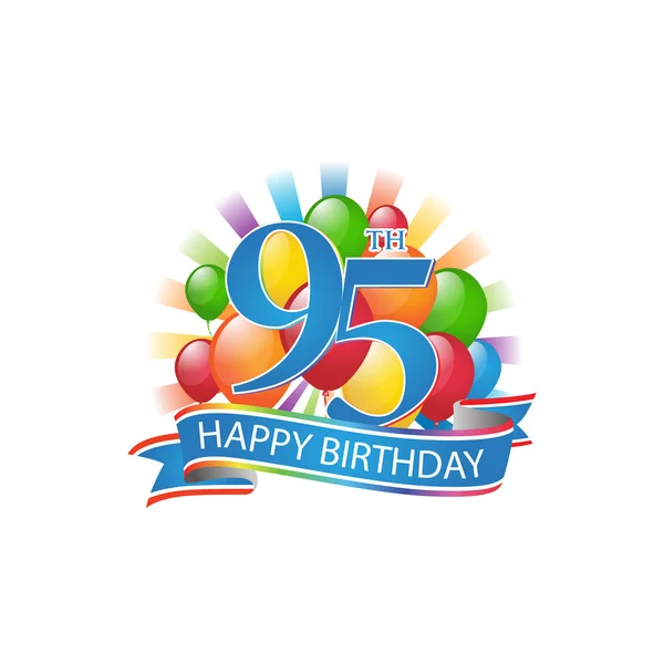 95 colorido logotipo feliz cumpleaños con globos y ráfaga de luz — Archivo Imágenes Vectoriales