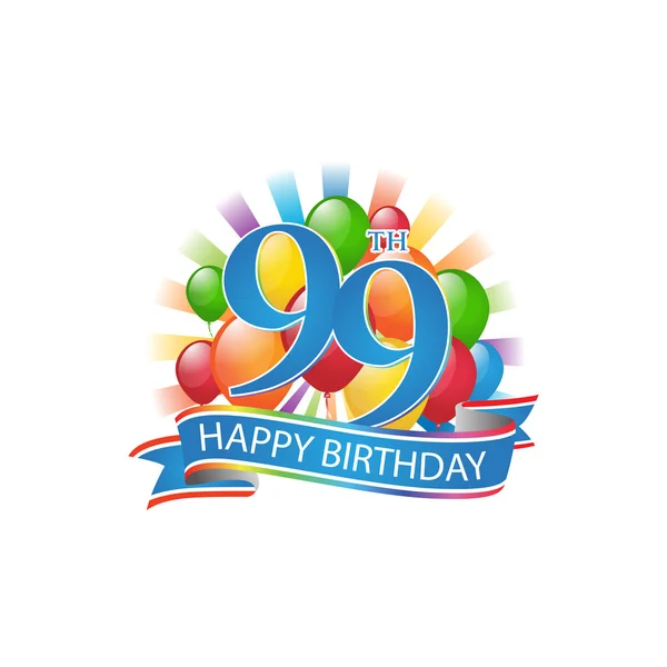 99º colorido logotipo feliz cumpleaños con globos y explosión de luz — Archivo Imágenes Vectoriales