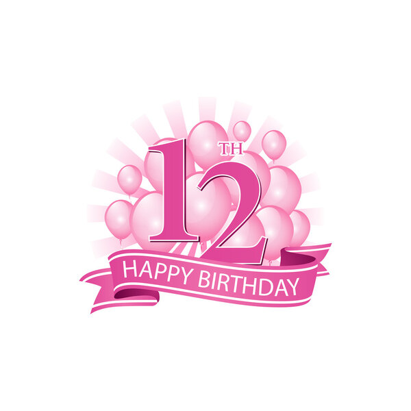 12th pink happy birthday logo with balloons and burst of light