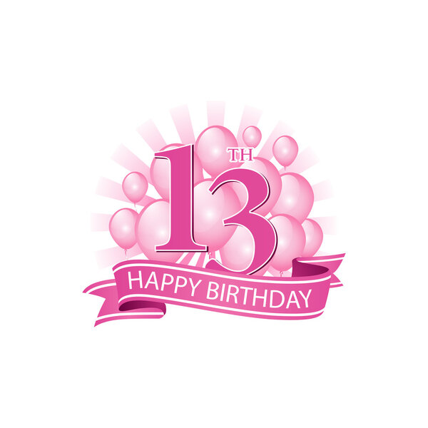 13th pink happy birthday logo with balloons and burst of light