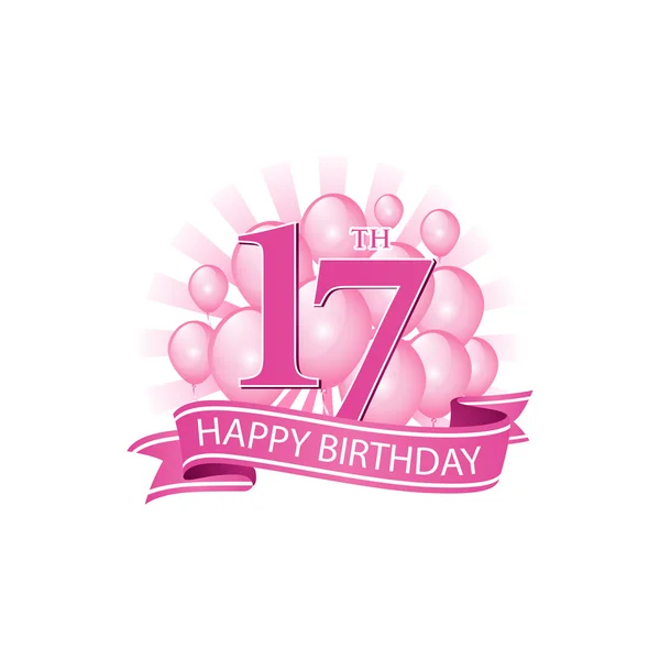 17th pink happy birthday logo with balloons and burst of light — Stock Vector