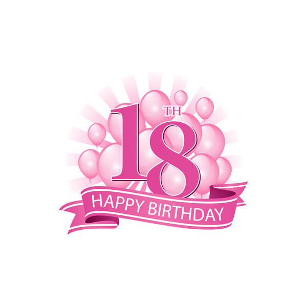 18th pink happy birthday logo with balloons and burst of light