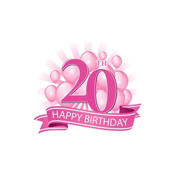 20 rosa feliz cumpleaños logo con globos y explosión de luz — Vector de stock