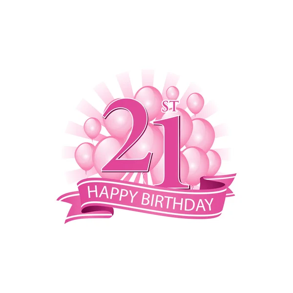 21st pink happy birthday logo with balloons and burst of light — Stock Vector