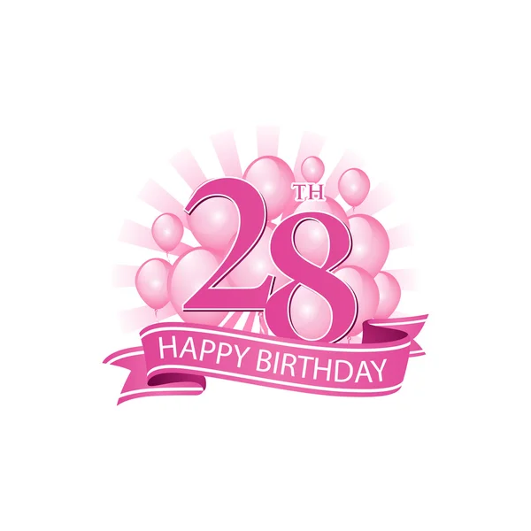 Logotipo de cumpleaños feliz rosa 28 con globos y explosión de luz — Vector de stock