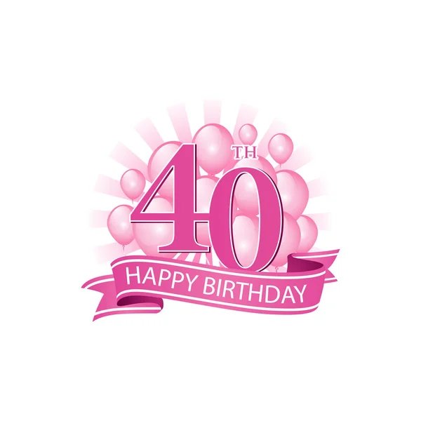 40th pink happy birthday logo with balloons and burst of light — Stock Vector