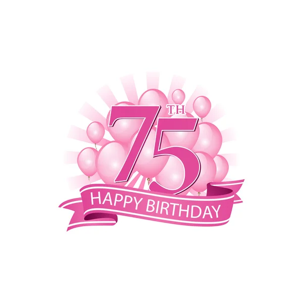 75 rosa feliz cumpleaños logo con globos y explosión de luz — Vector de stock
