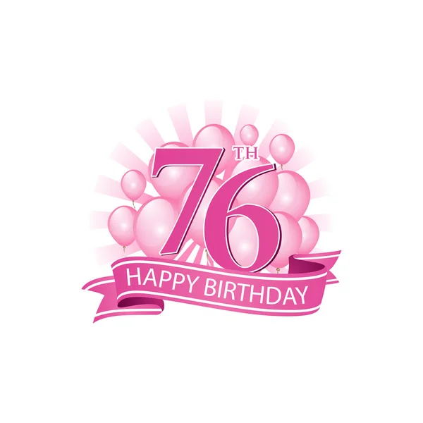 76º rosa feliz cumpleaños logo con globos y explosión de luz — Vector de stock