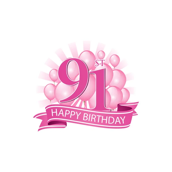 91º rosa feliz cumpleaños logo con globos y explosión de luz — Vector de stock