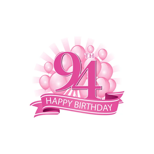 94º rosa feliz cumpleaños logo con globos y explosión de luz — Vector de stock