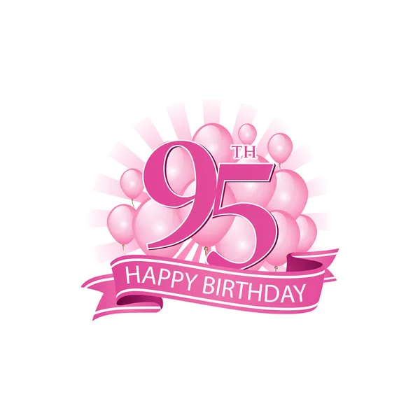 95th pink happy birthday logo with balloons and burst of light — Stock Vector