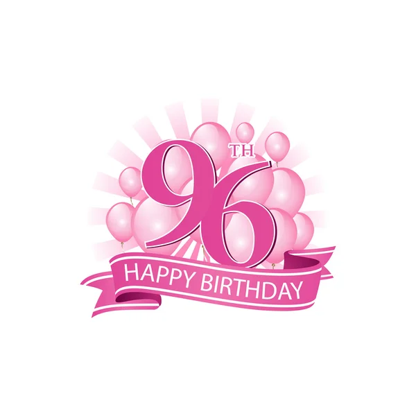 96º rosa feliz cumpleaños logo con globos y explosión de luz — Vector de stock