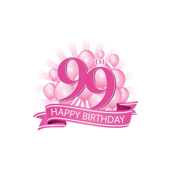 99 rosa feliz cumpleaños logo con globos y explosión de luz — Vector de stock