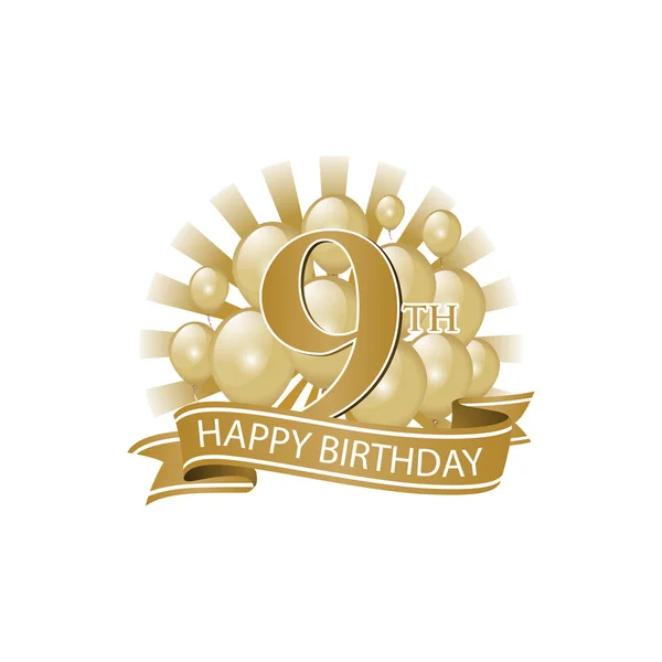 9º logotipo de oro feliz cumpleaños con globos y ráfaga de luz — Vector de stock