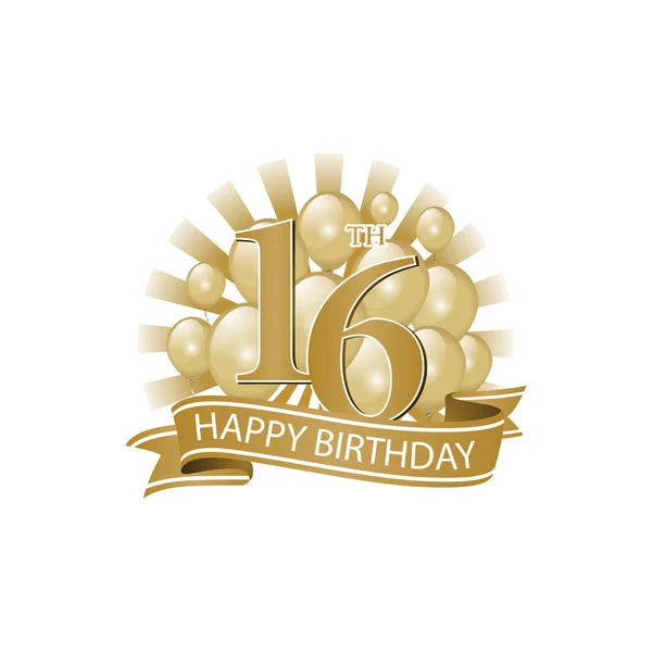 16th golden happy birthday logo with balloons and burst of light — Stock Vector