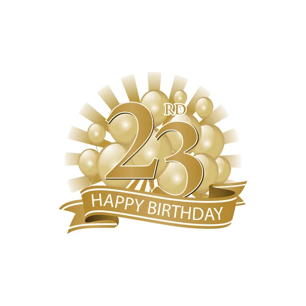 23 de oro feliz cumpleaños logo con globos y explosión de luz — Vector de stock