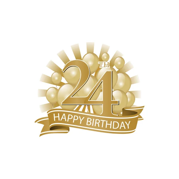 Logotipo de cumpleaños feliz de oro 24 con globos y explosión de luz — Vector de stock