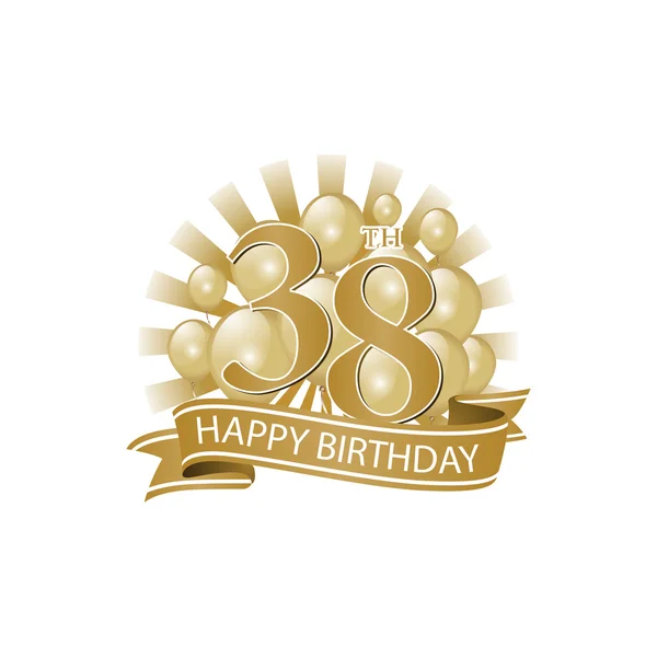 38º logotipo de oro feliz cumpleaños con globos y ráfaga de luz — Vector de stock
