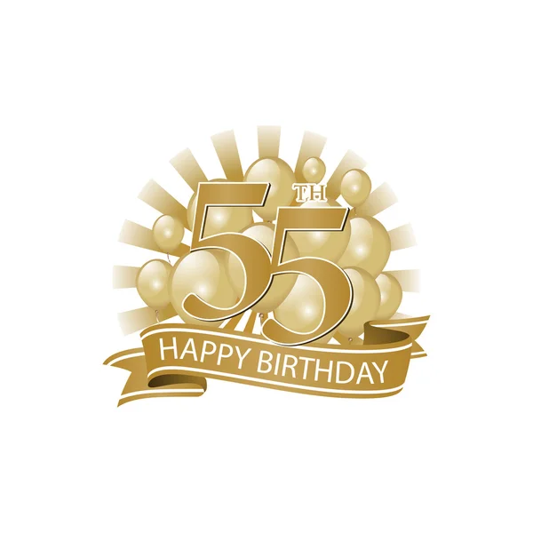 55esimo logo di compleanno d'oro felice con palloncini e scoppio di luce — Vettoriale Stock