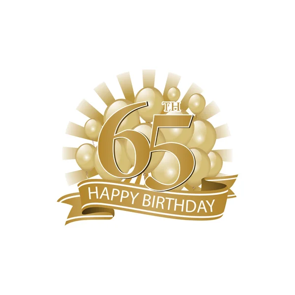 65º logotipo de cumpleaños feliz de oro con globos y explosión de luz — Archivo Imágenes Vectoriales