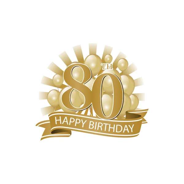 80esimo logo di compleanno d'oro felice con palloncini e scoppio di luce — Vettoriale Stock