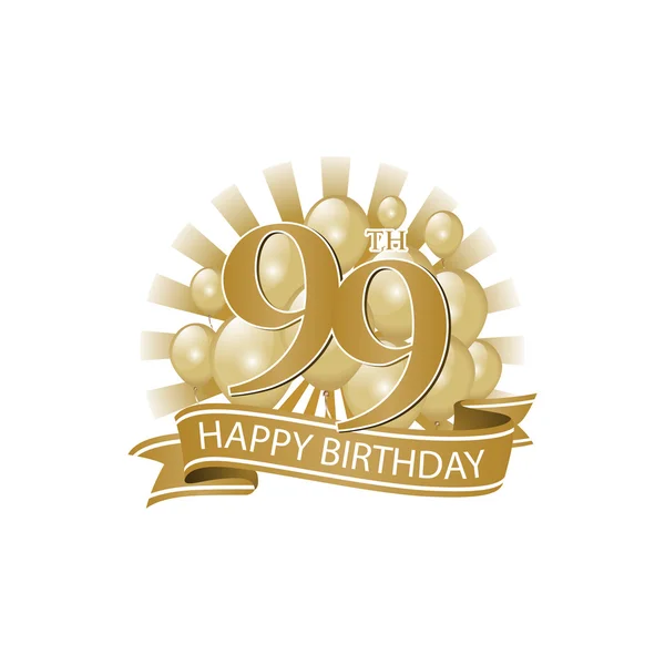 99esimo logo di compleanno d'oro felice con palloncini e scoppio di luce — Vettoriale Stock