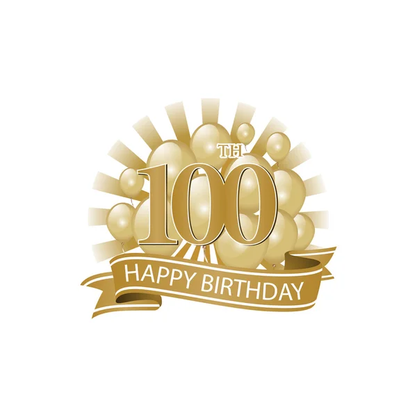 100esimo logo di compleanno d'oro felice con palloncini e scoppio di luce — Vettoriale Stock