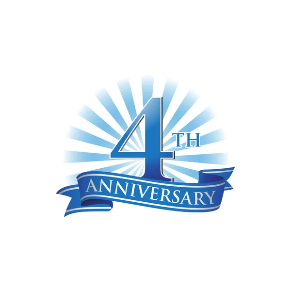 Logotipo de la cinta del cuarto aniversario con rayos azules de luz — Archivo Imágenes Vectoriales