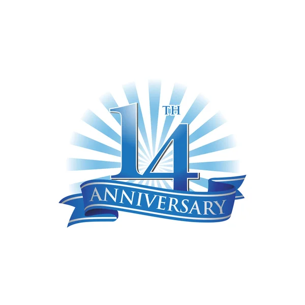 Logo du ruban du 14e anniversaire avec des rayons de lumière bleus — Image vectorielle