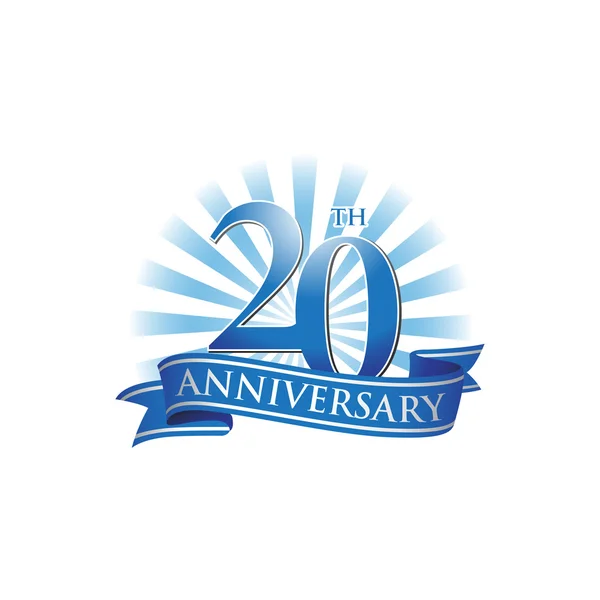 20 aniversário logotipo da fita com raios azuis de luz — Vetor de Stock