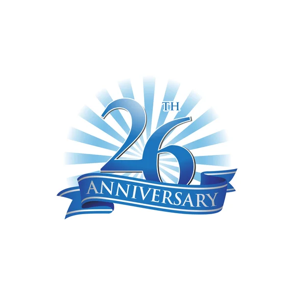 Logotipo de cinta de 26 aniversario con rayos azules de luz — Vector de stock