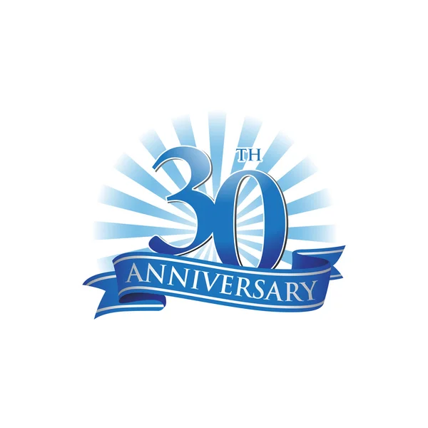 30e verjaardag lint logo met blauwe stralen van het licht — Stockvector