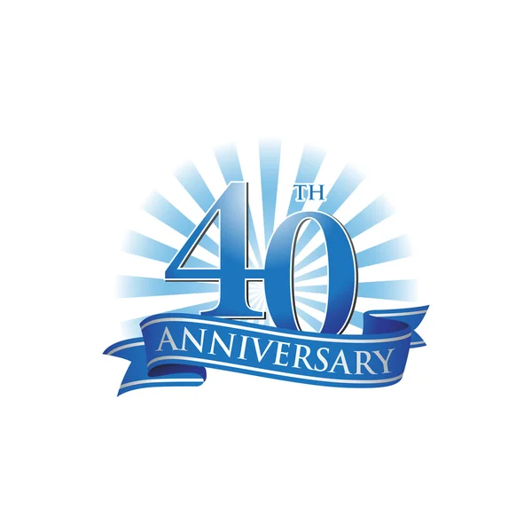 Logotipo de cinta de 40 aniversario con rayos azules de luz — Vector de stock