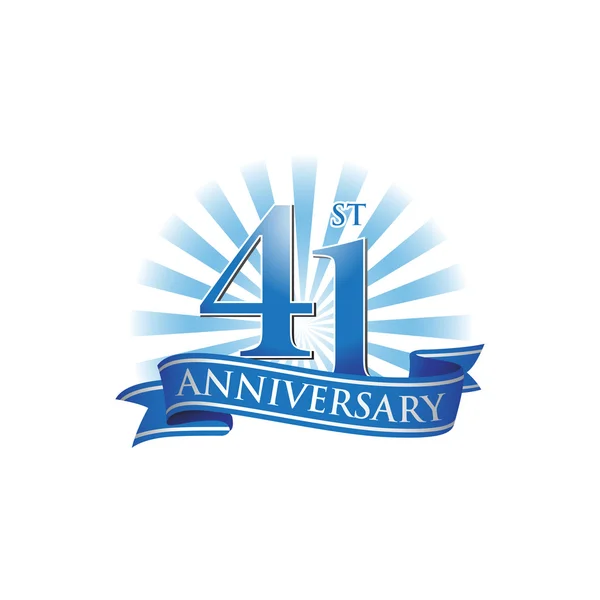 41st anniversary ribbon logo with blue rays of light — Stock Vector