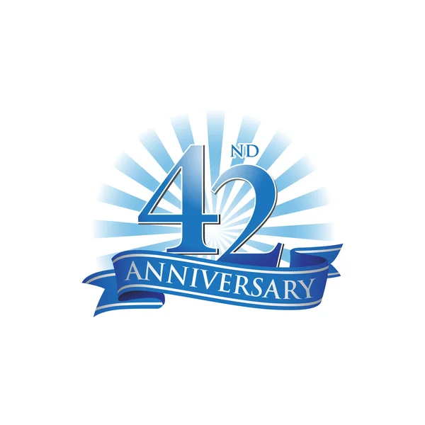 42nd anniversary ribbon logo with blue rays of light — Stock Vector