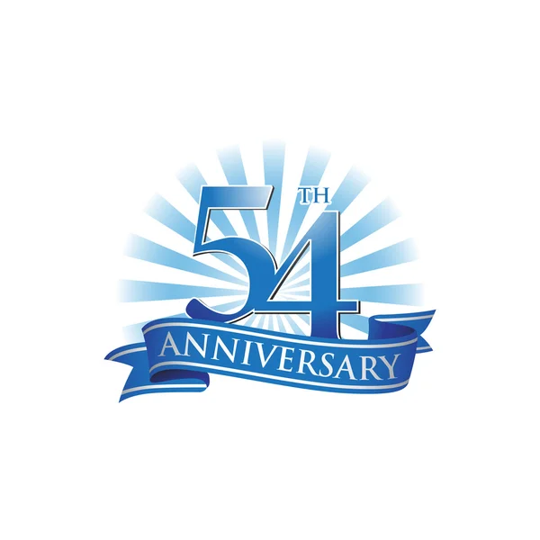 Ulang tahun ke-54 logo pita dengan sinar biru cahaya - Stok Vektor