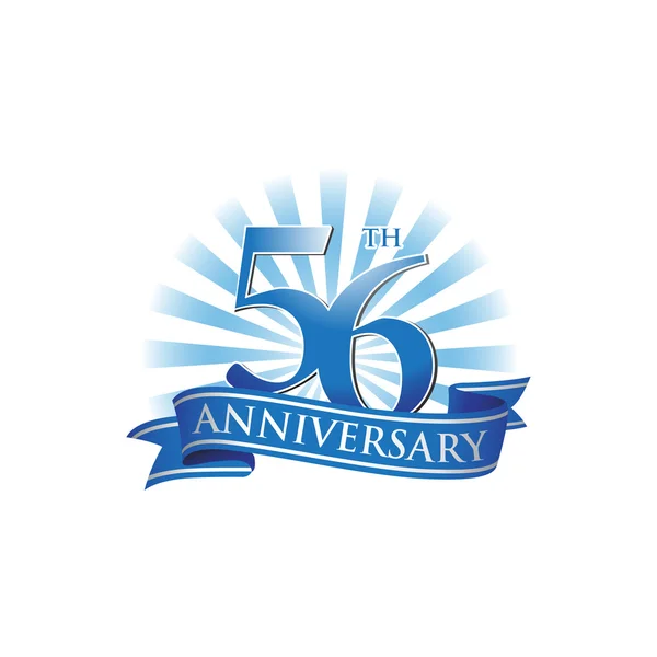 56e verjaardag lint logo met blauwe stralen van het licht — Stockvector