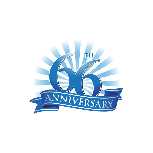 66esimo anniversario logo del nastro con raggi di luce blu — Vettoriale Stock