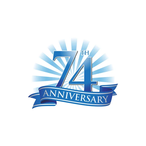 74: e årsdagen ribbon logo med Blå strålar av ljus — Stock vektor